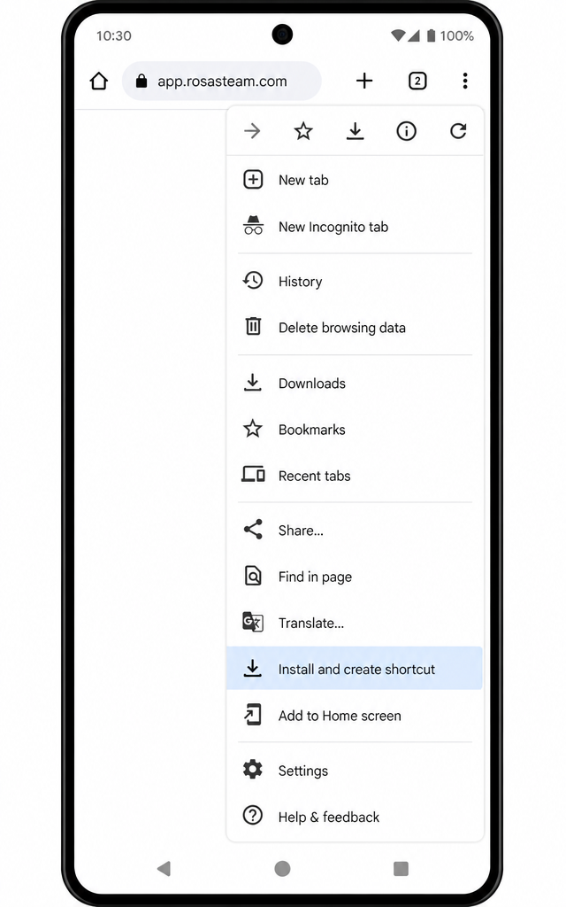 Android Chrome three-dot menu on app.rosasteam.com with “Install and create shortcut” highlighted.