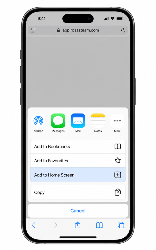 iPhone Safari share sheet on app.rosasteam.com with “Add to Home Screen” highlighted.